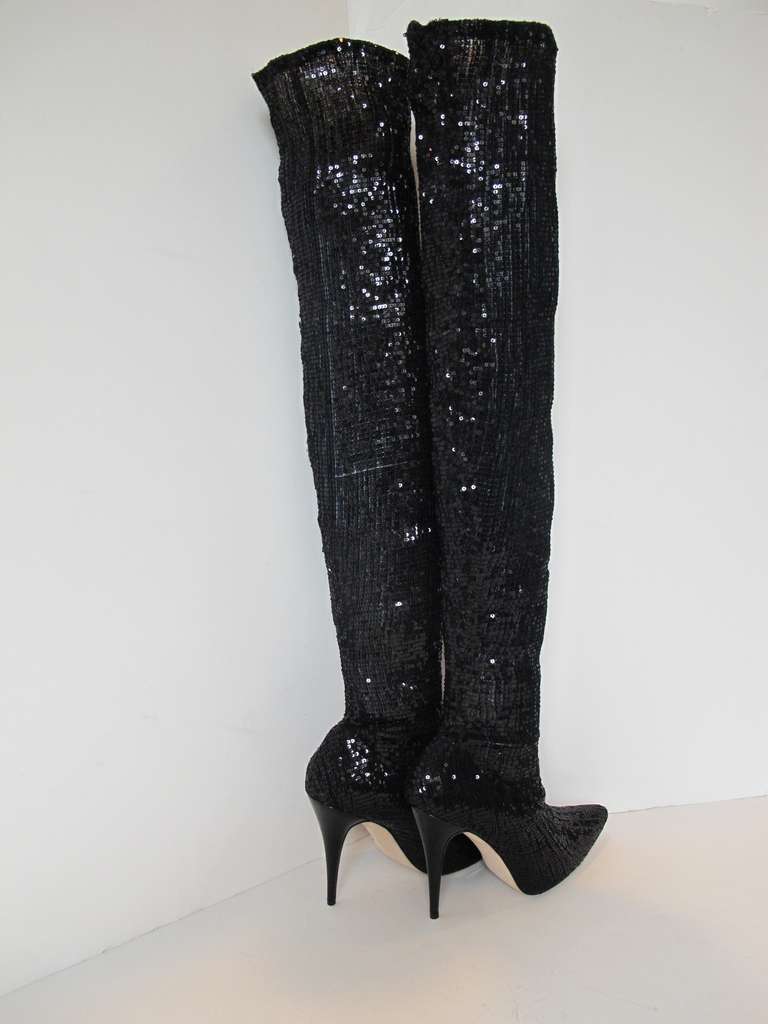 New Manolo Blahnik Pacalare Black Sequin Boots For Sale 3