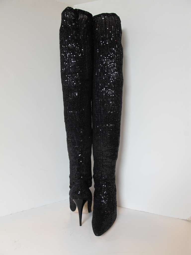 New Manolo Blahnik Pacalare Black Sequin Boots For Sale 4