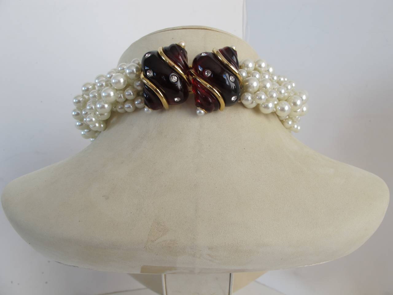 1960's Kenneth Jay Lane Multi-Strand Faux Pearl Necklace with Iconic Shell Clasp 1