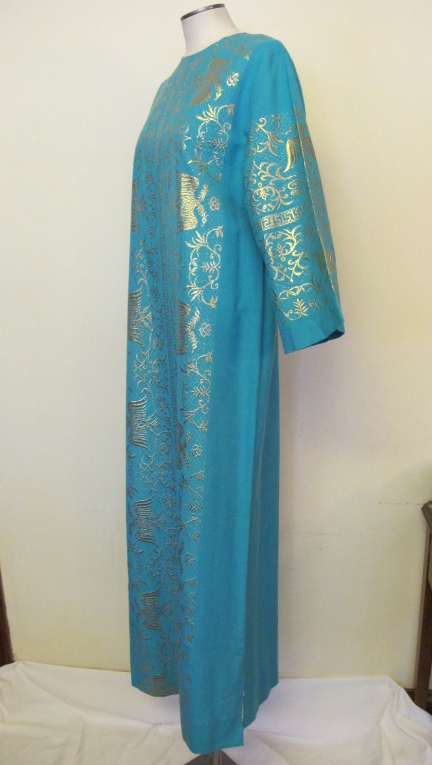 New Vintage AH-Haracopoulos Greek Turquoise Blue Caftan In New Condition For Sale In San Francisco, CA