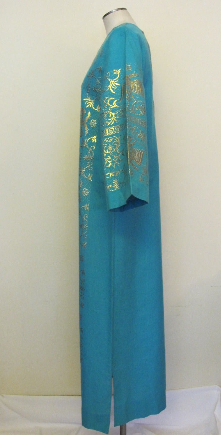 Women's New Vintage AH-Haracopoulos Greek Turquoise Blue Caftan For Sale