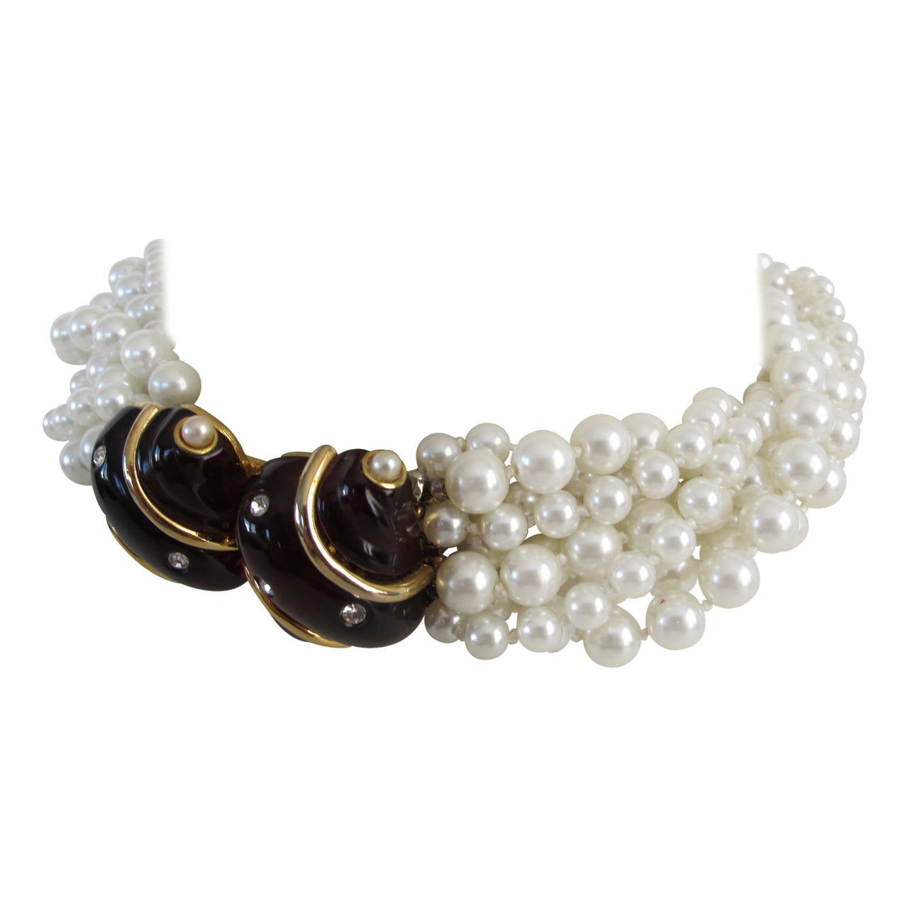 1960's Kenneth Jay Lane Multi-Strand Faux Pearl Necklace with Iconic Shell Clasp