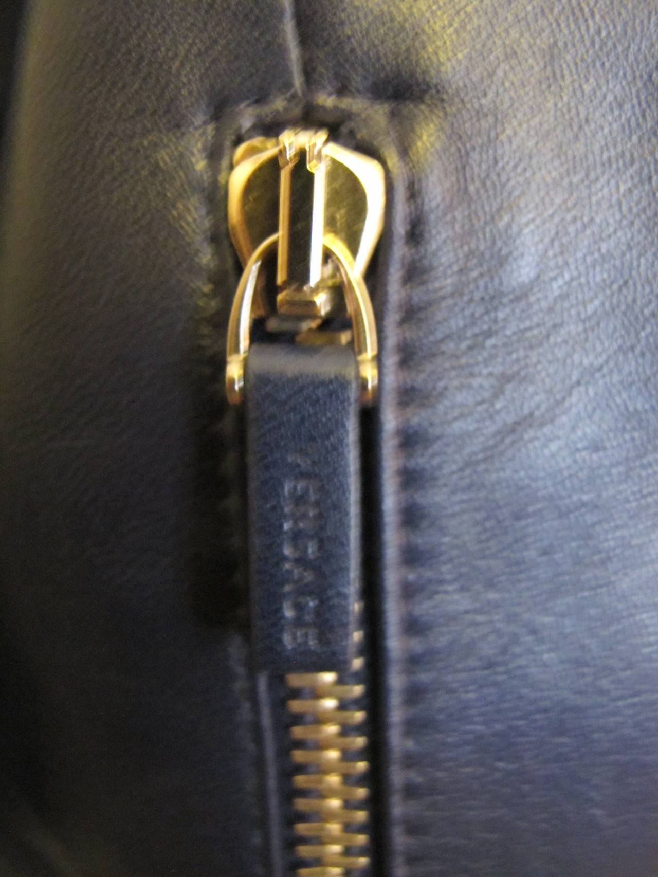 New 2012 Gianni Versace Navy Blue Leather Jacket For Sale 1