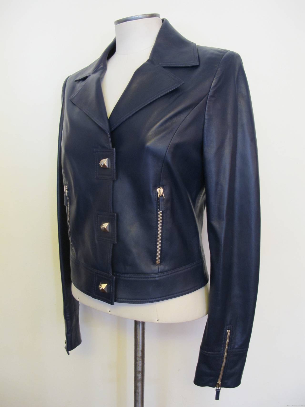 Black New 2012 Gianni Versace Navy Blue Leather Jacket For Sale