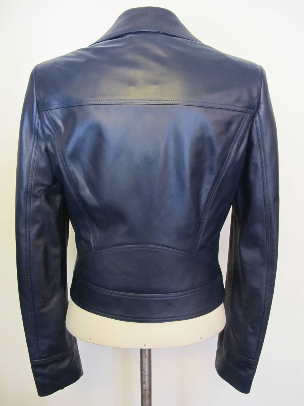 New 2012 Gianni Versace Navy Blue Leather Jacket In New Condition For Sale In San Francisco, CA