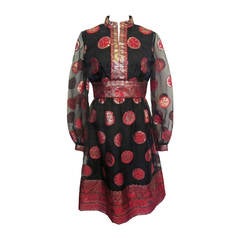 1970's Elinor Simmons for Malcolm Starr Black Dress with Cranberry Design 6