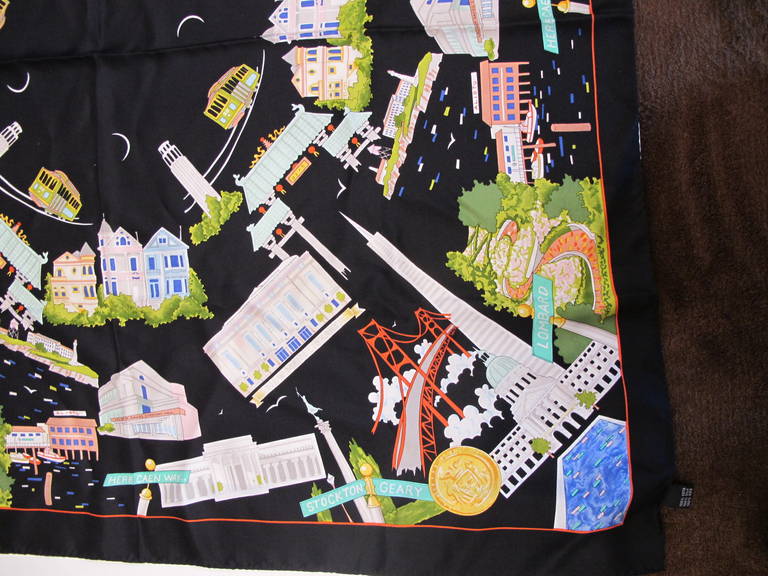 Fabulous San Francisco Scarf depicting San Francisco Streets: Lombard, Stockton & Geary, Herb Caen Way. The scarf features iconic San Francisco Landmarks including: Coit Tower, Cable Car, Alcatraz, War Memorial Opera House, Trans America Building,