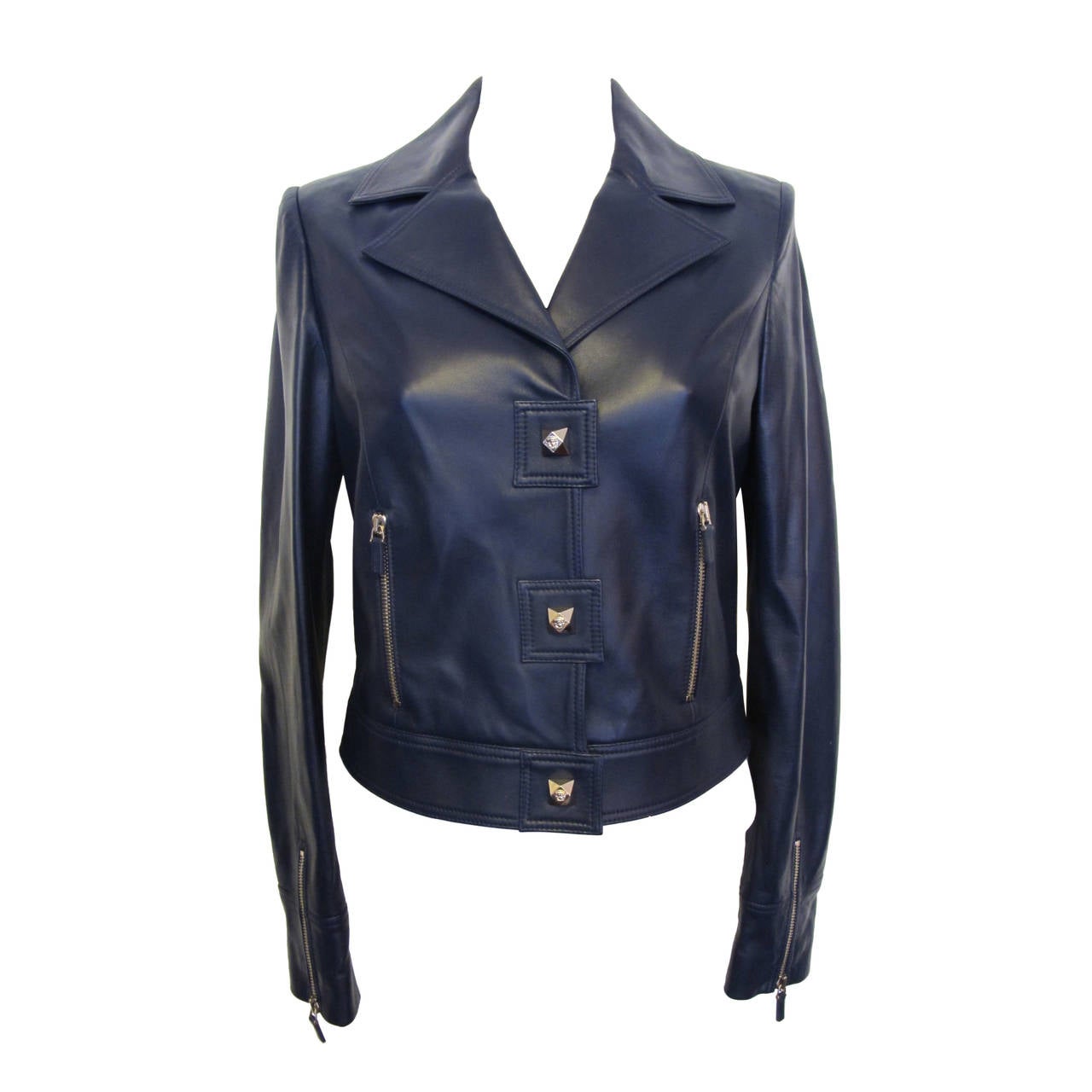 New 2012 Gianni Versace Navy Blue Leather Jacket For Sale