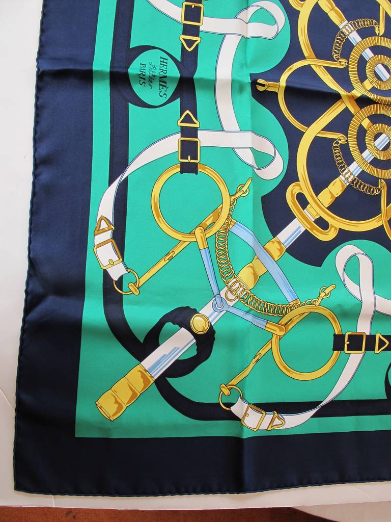 Blue Hermes Pellier Paris Eperon D'or Scarf For Sale