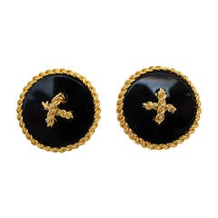 2003 Chanel Gold Chain Over-Sized Circular Black Onyx Clip-On Earrings