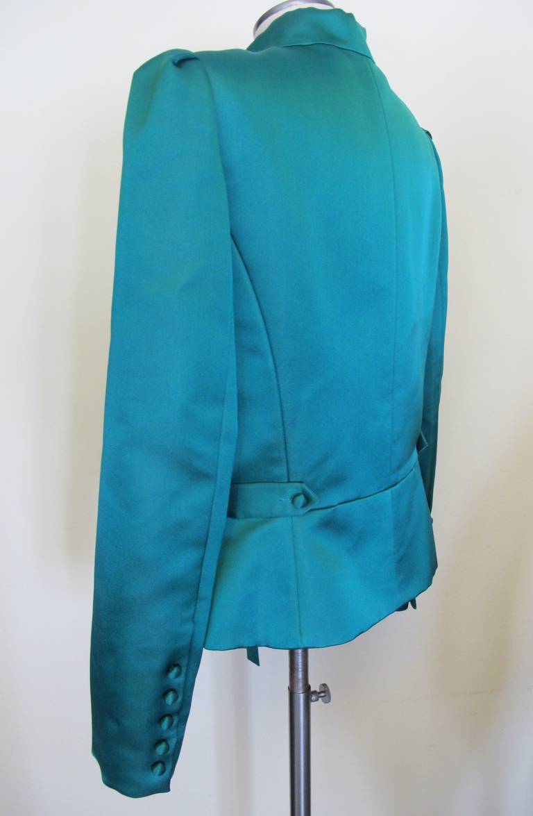 Blue Oscar de la Renta Emerald Green Silk Satin Jacket For Sale