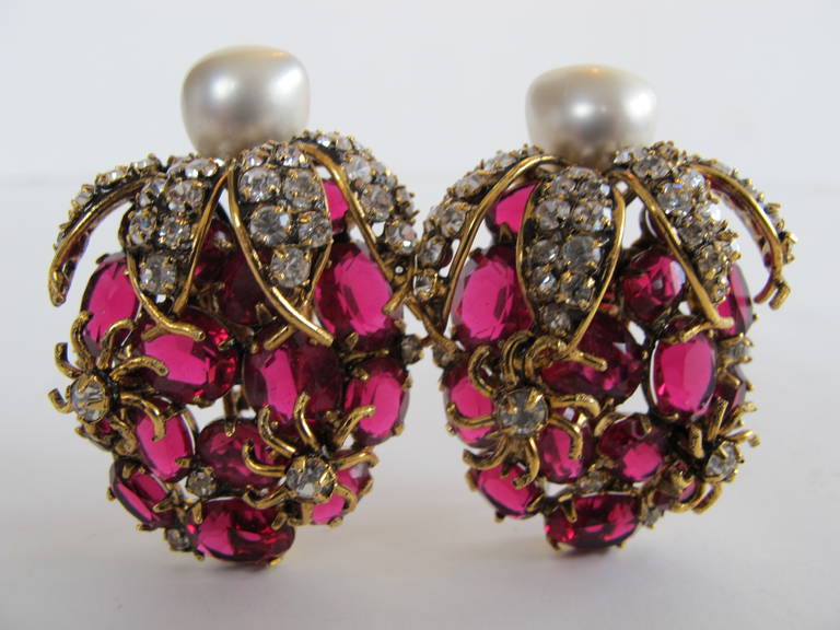 Iradj Moini Statement Fake Pearl Ruby Diamond Earrings In Excellent Condition In San Francisco, CA