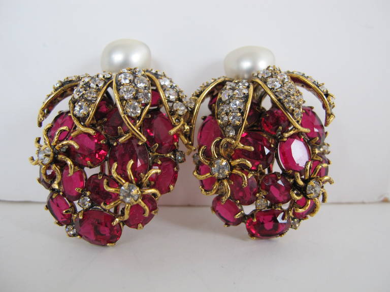 Magnificent Pair of faux ruby, diamond and pearl earrings. Workmanship is excellent, unusual and over-the-top. Signed by Iradj Moini.