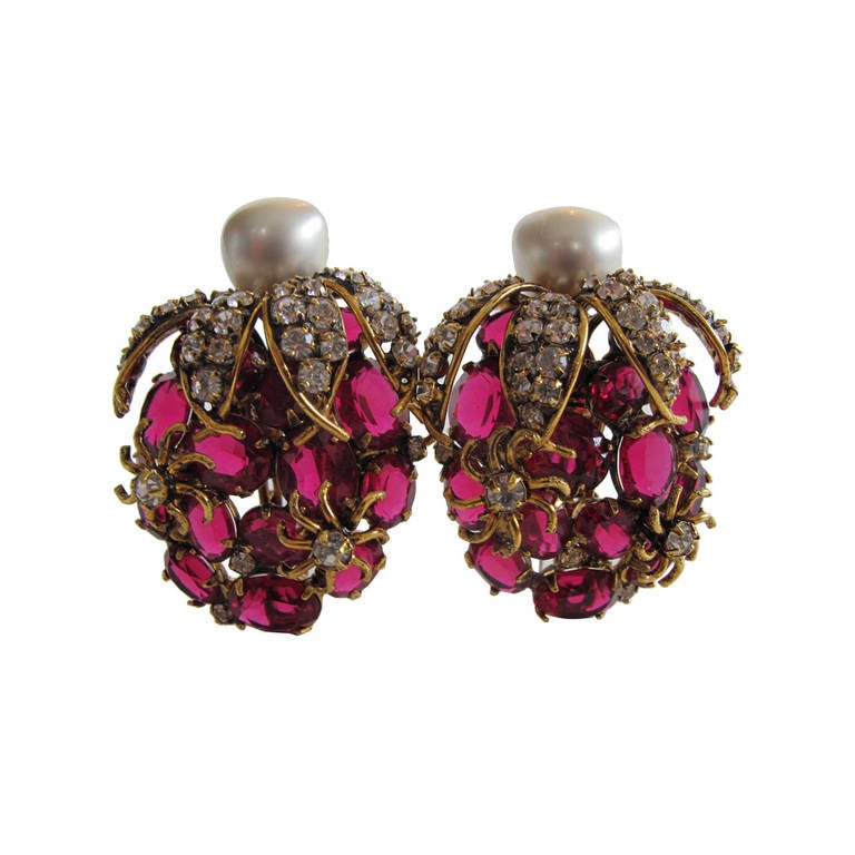 Iradj Moini Statement Fake Pearl Ruby Diamond Earrings