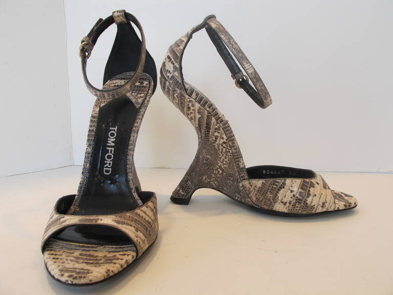 Chic Tom Ford Ring Lizard Wedge Shoes with Ring Lizard strap circling the ankle. This shoe is a show-stopper!