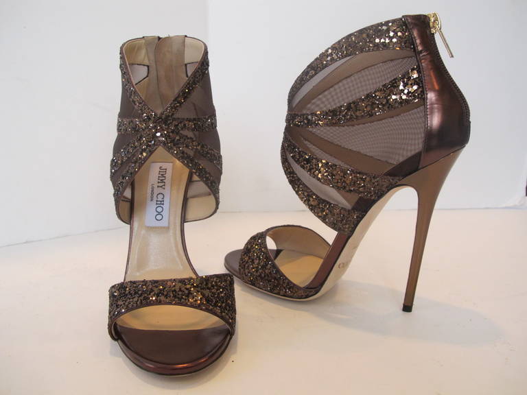 New Jimmy Choo Rich Bronze Glitter Mirror Sandal Bootie In New Condition For Sale In San Francisco, CA