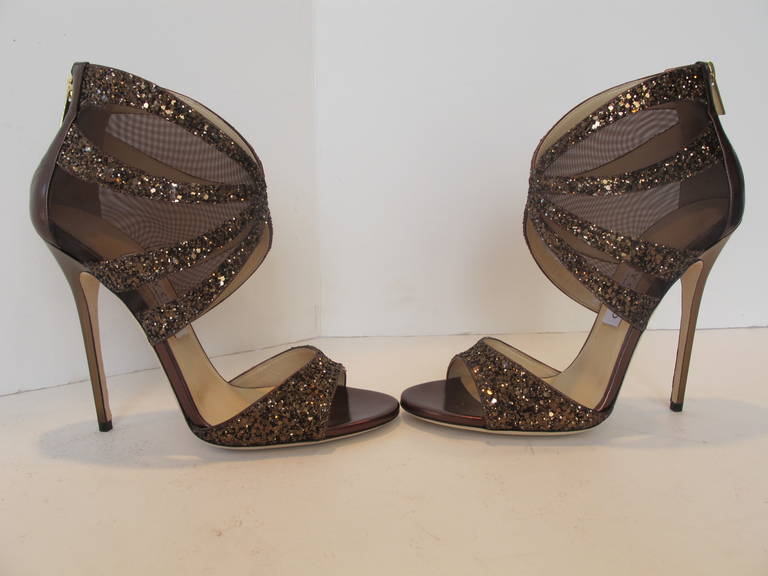 New Jimmy Choo Rich Bronze Glitter Mirror Sandal Bootie For Sale 1