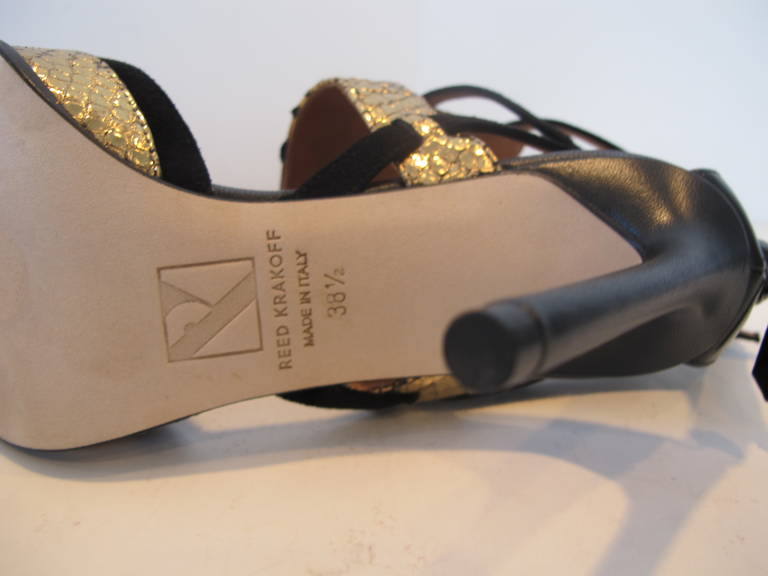 Reed Krakoff Gold Snakeskin and Black Harness Ankle Pumps For Sale 4