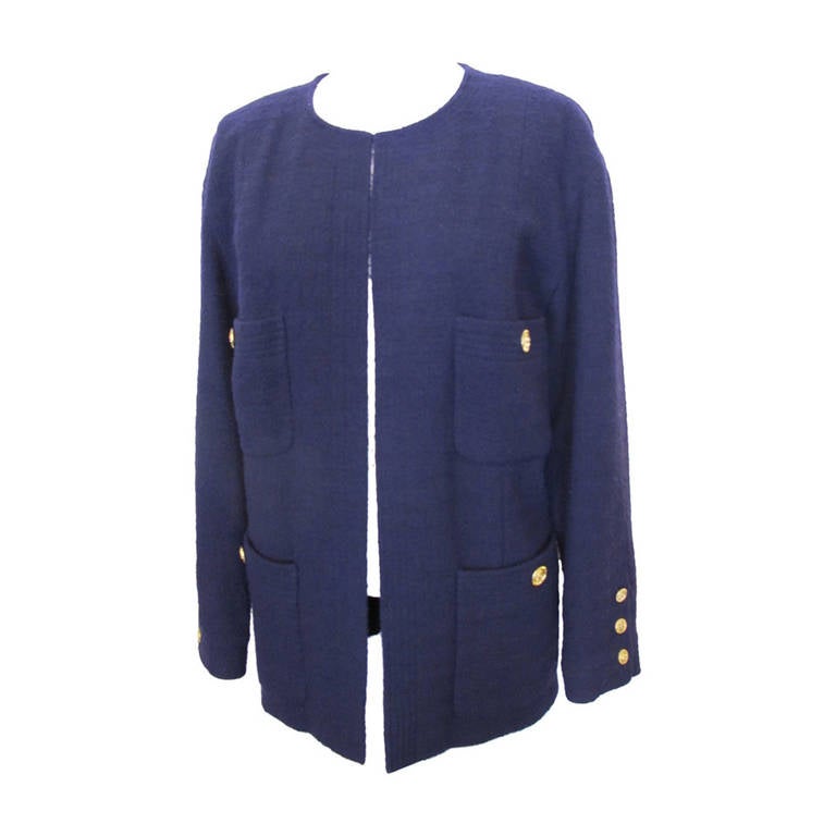 Chanel Navy Blue Boucle Open Jacket Size 14 to 16 For Sale