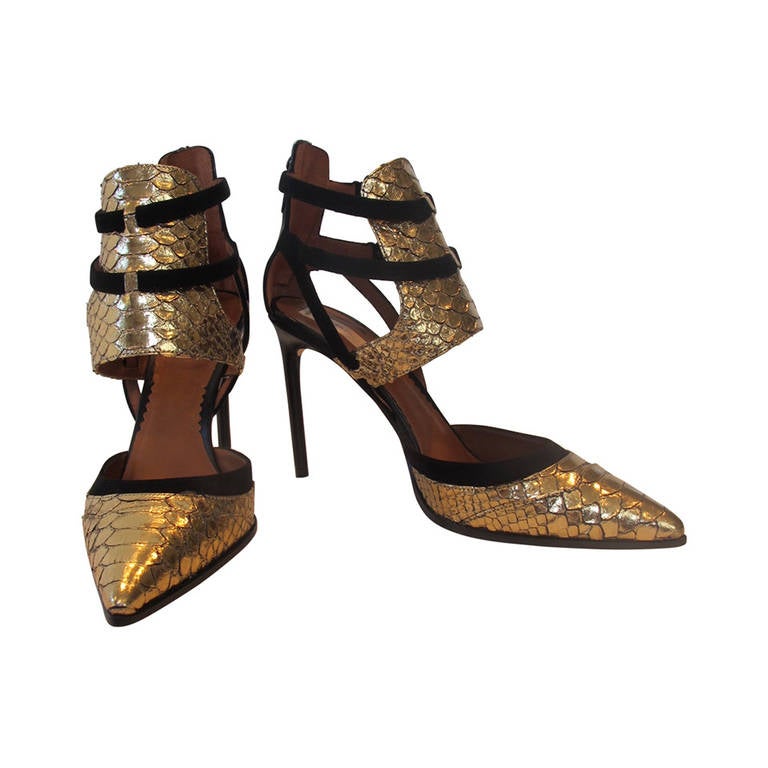 Reed Krakoff Gold Snakeskin and Black Harness Ankle Pumps For Sale