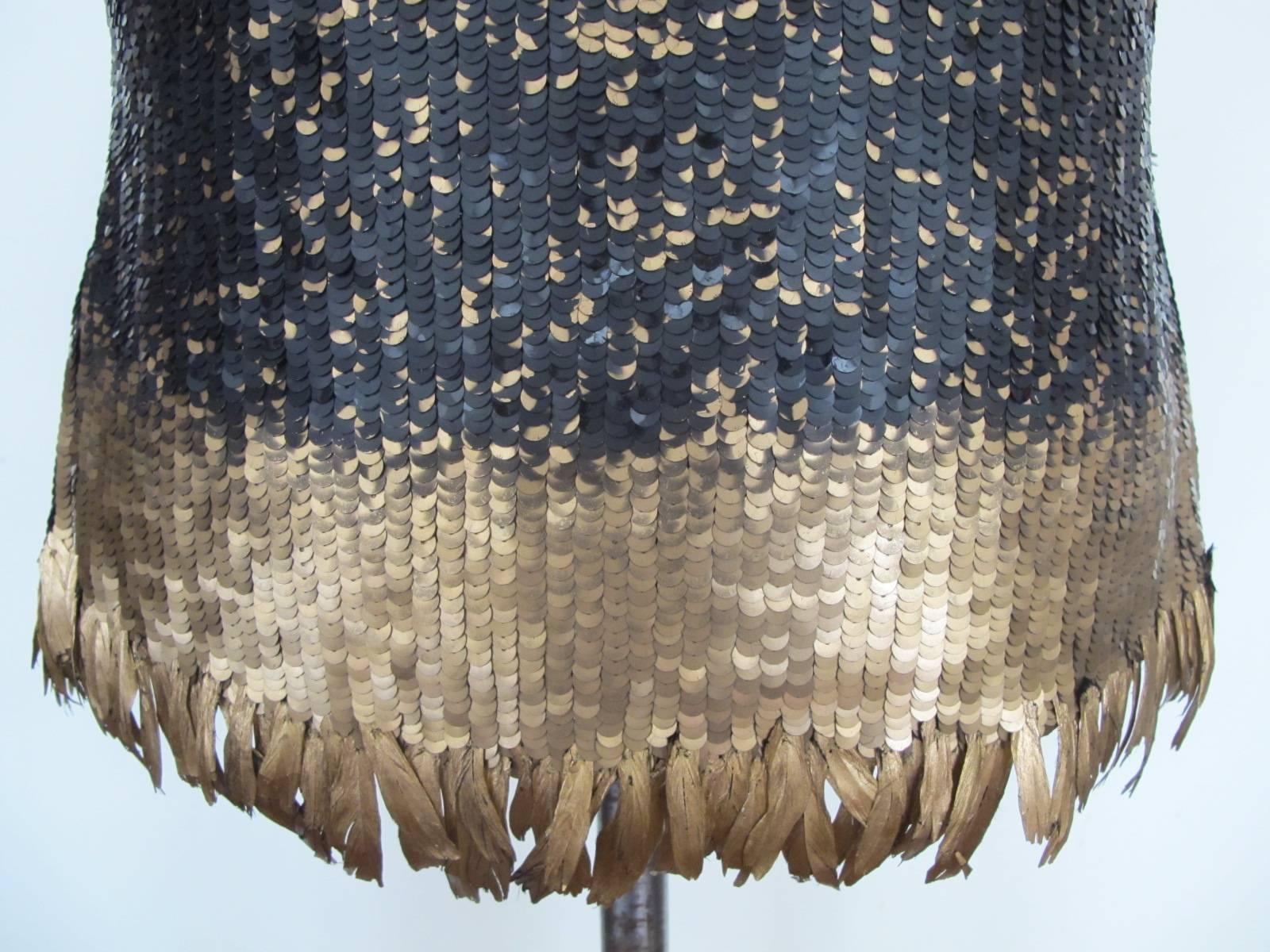 Oscar de la Renta Chic Black Sequin Evening Blouse with Gold Feathers For Sale 1