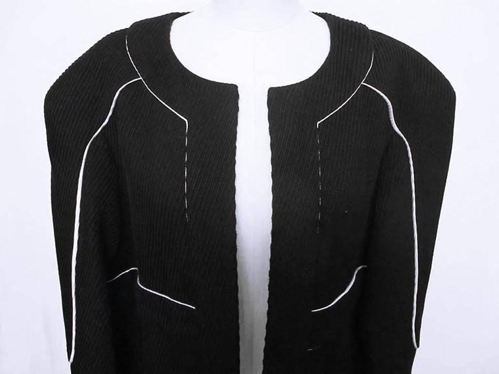 Women's Chanel Black Ottoman Coat with White Silk Piping For Sale