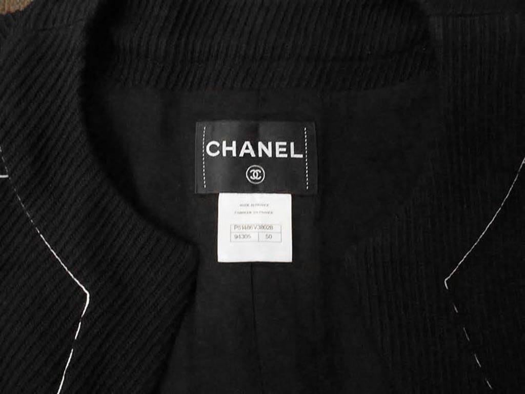Chanel Black Ottoman Coat with White Silk Piping For Sale 2