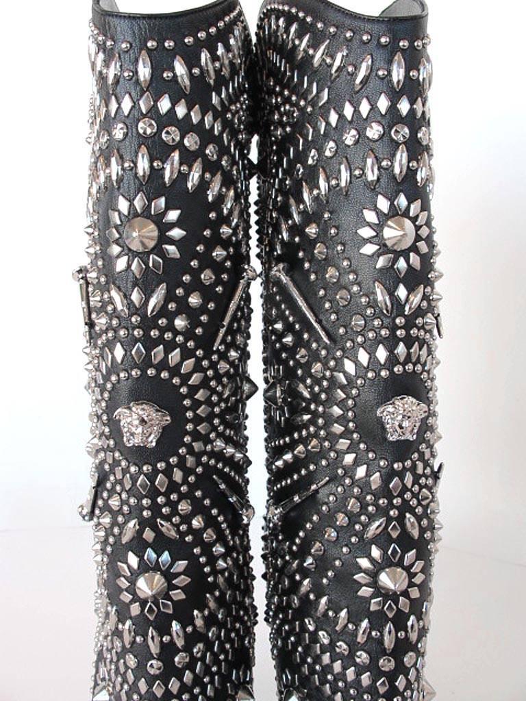 NEW 2013 Gianni Versace Studded Black Leather  Boots For Sale 5