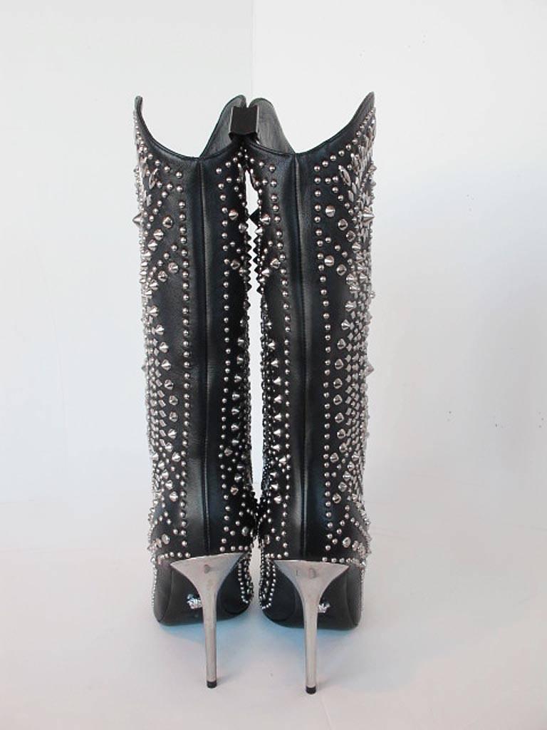 NEW 2013 Gianni Versace Studded Black Leather  Boots For Sale 2