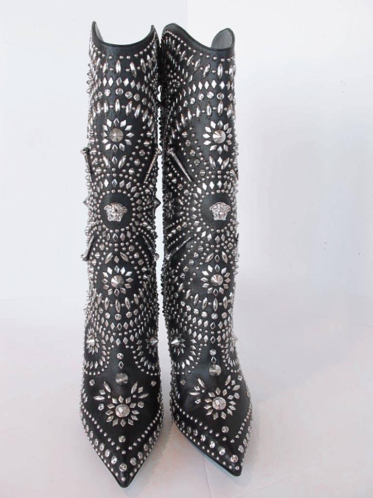 Women's NEW 2013 Gianni Versace Studded Black Leather  Boots For Sale