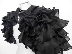 1980's Victor Costa Black Silk Ruffled Bolero Evening Jacket