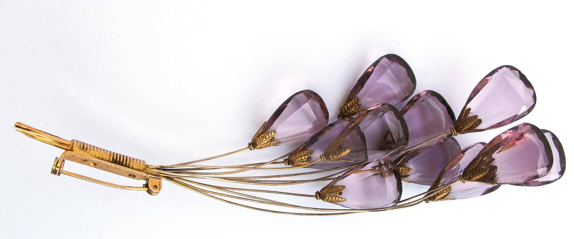 Women's 1940's Amethyst Colored Glass Floral Bouquet Brooch For Sale