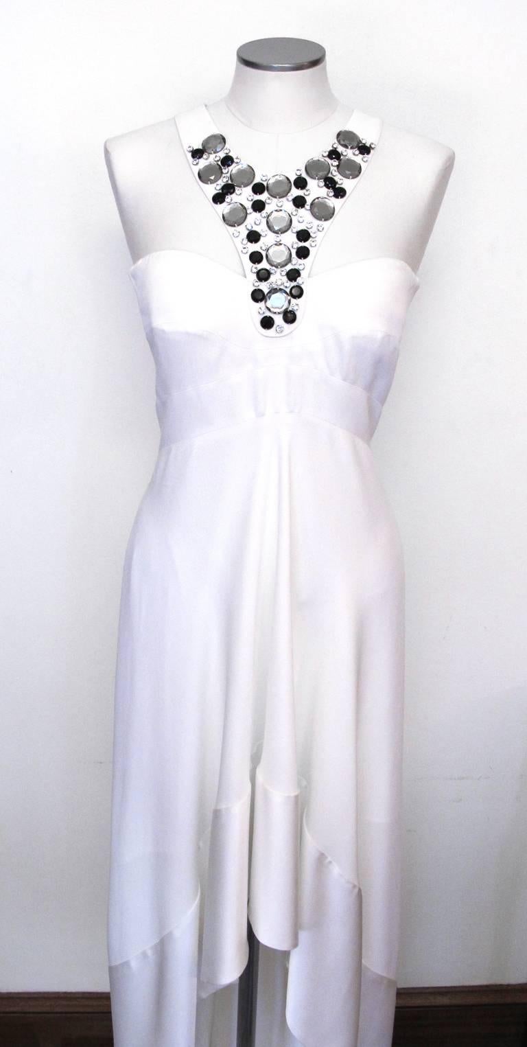 New Versace White Jeweled Halter Evening Gown with Train In New Condition For Sale In San Francisco, CA