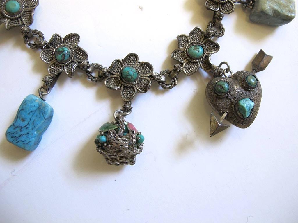 Vintage Silver Plate and Turquoise Floral Chocker with Charmes For Sale 1
