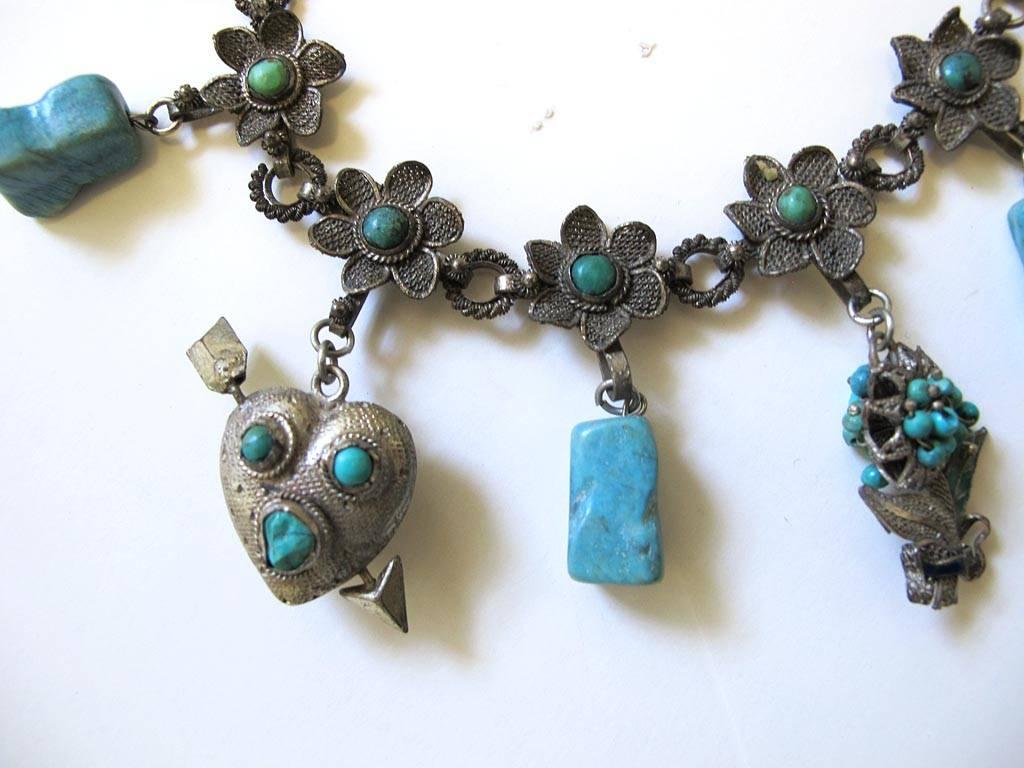 Women's Vintage Silver Plate and Turquoise Floral Chocker with Charmes For Sale