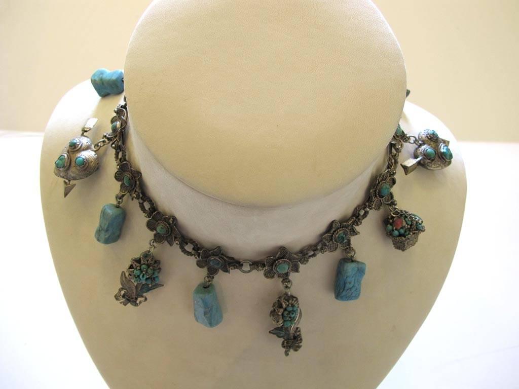 Vintage Silver Plate and Turquoise Floral Chocker with Charmes In Excellent Condition For Sale In San Francisco, CA