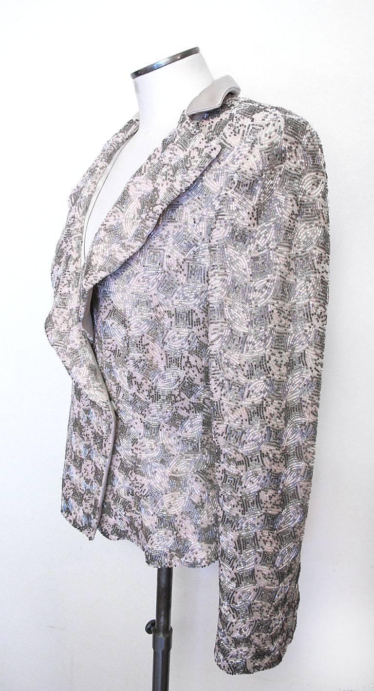 Gray New Giorgio Armani Pink and Silver Bugle Beaded Jacket For Sale