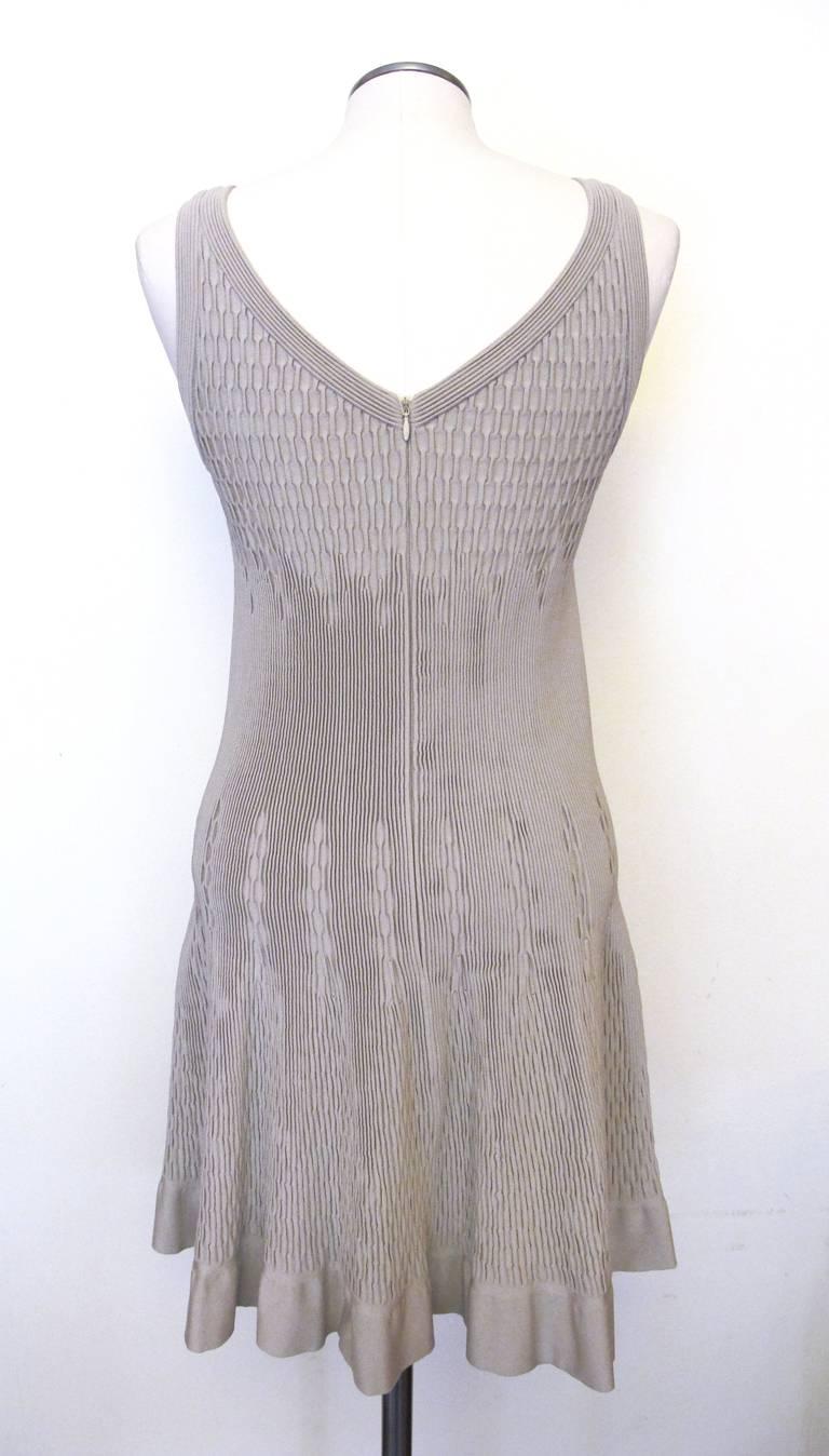 Alaïa Warm Taupe Fit-N-Flare V-Neck Knit Dress In Excellent Condition For Sale In San Francisco, CA