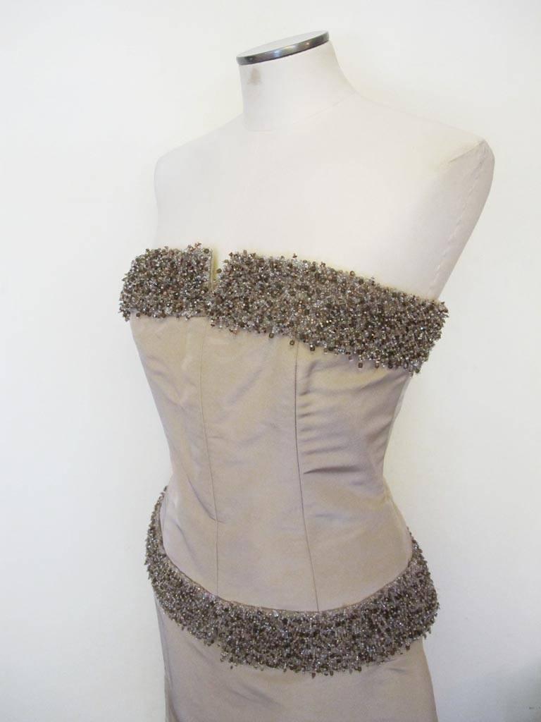 Donald Deal Beaded Taupe Strapless Two-Piece Evening Gown In Excellent Condition For Sale In San Francisco, CA