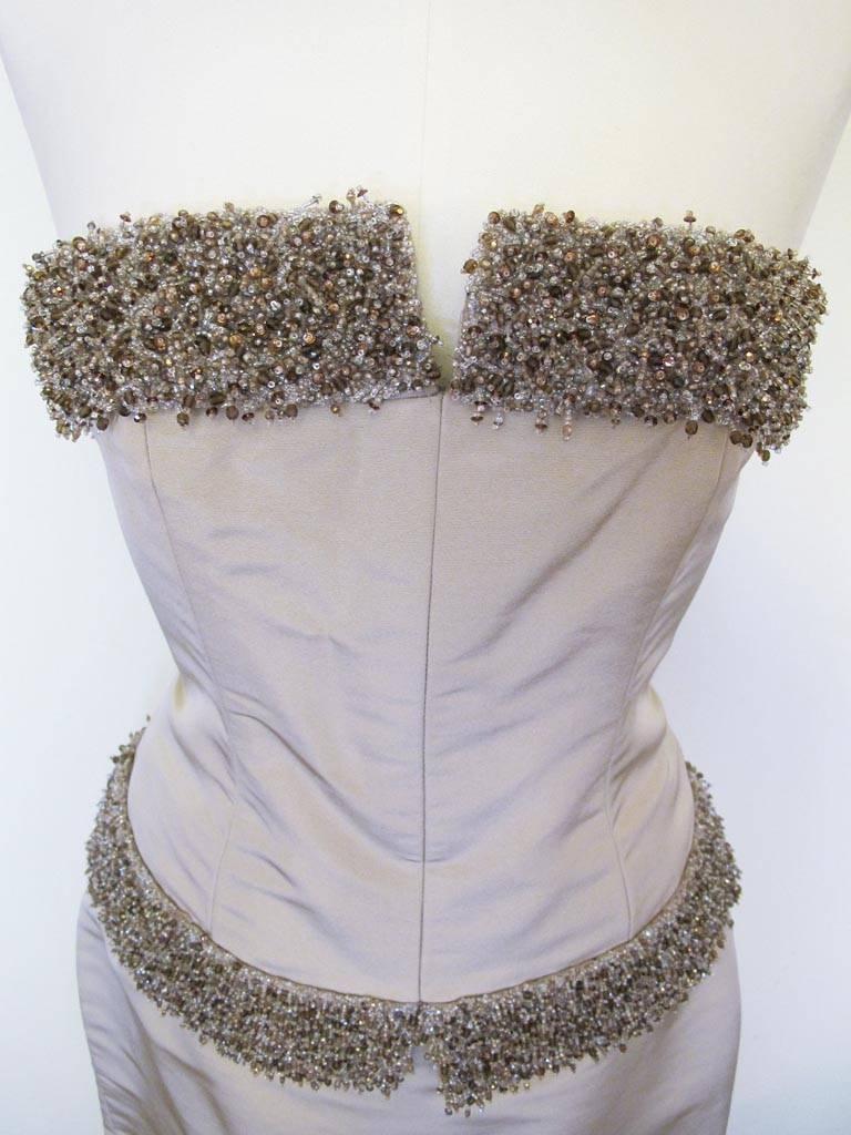 Gray Donald Deal Beaded Taupe Strapless Two-Piece Evening Gown For Sale