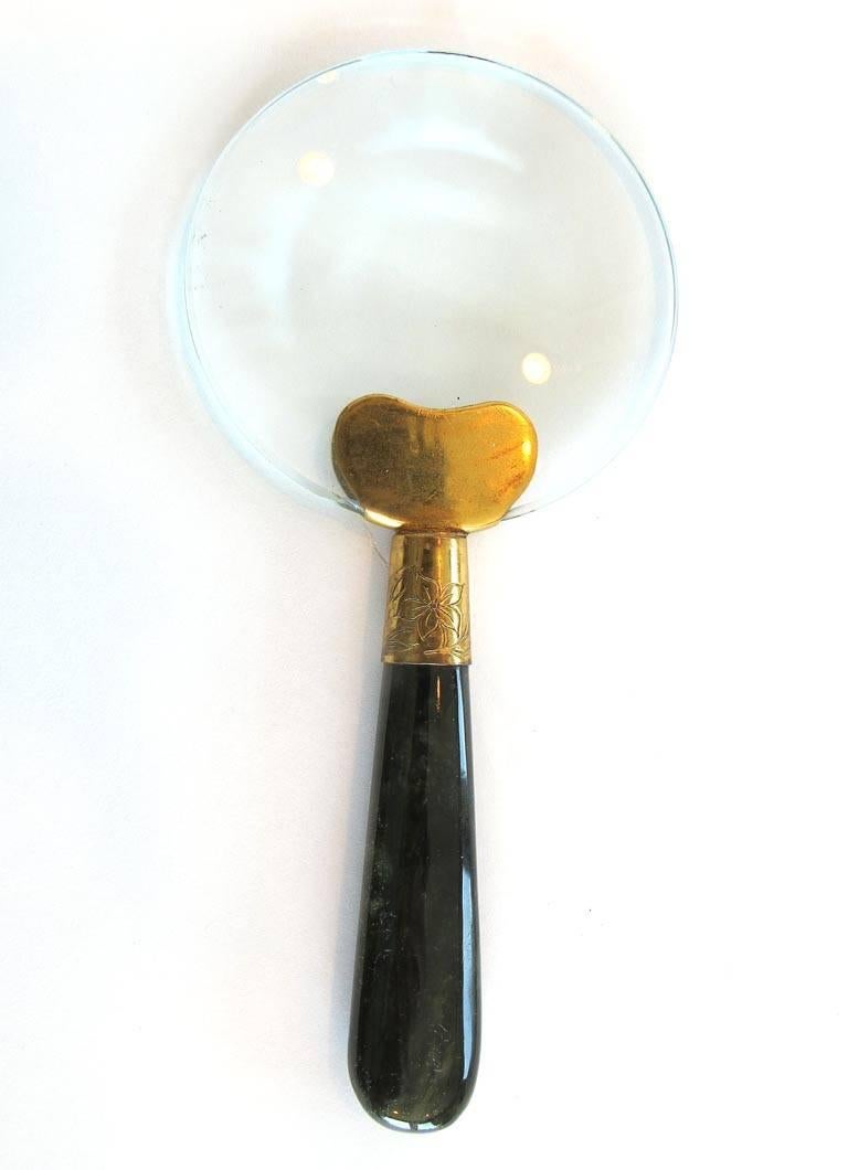 Beige 1900's Jade Handled Letter Opener and Magnifying Glass Set