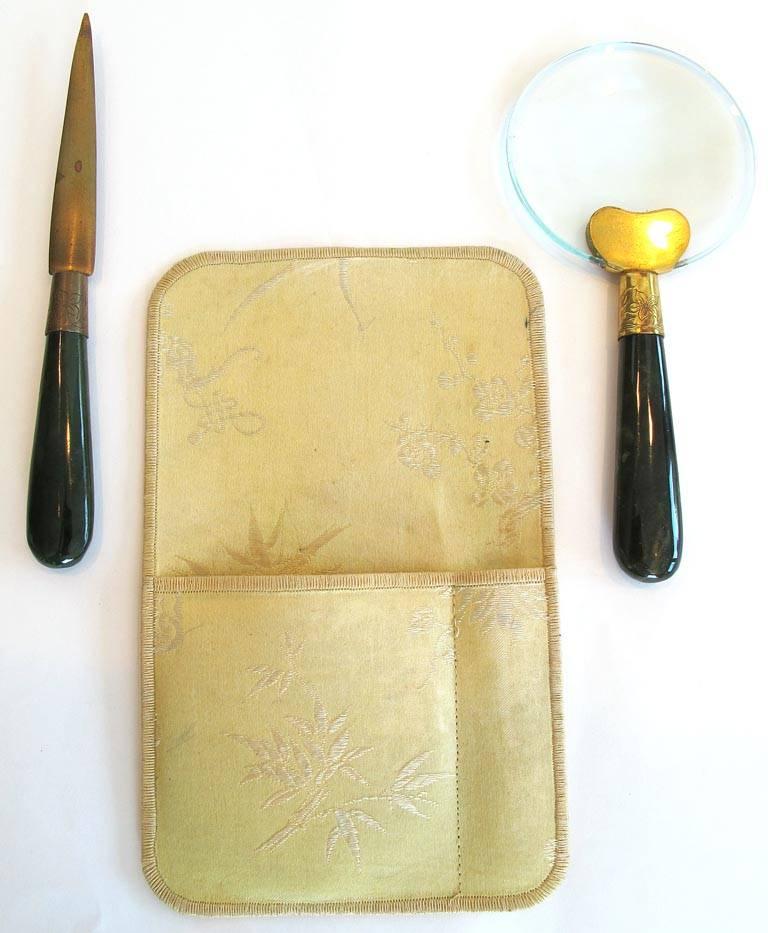 Women's or Men's 1900's Jade Handled Letter Opener and Magnifying Glass Set