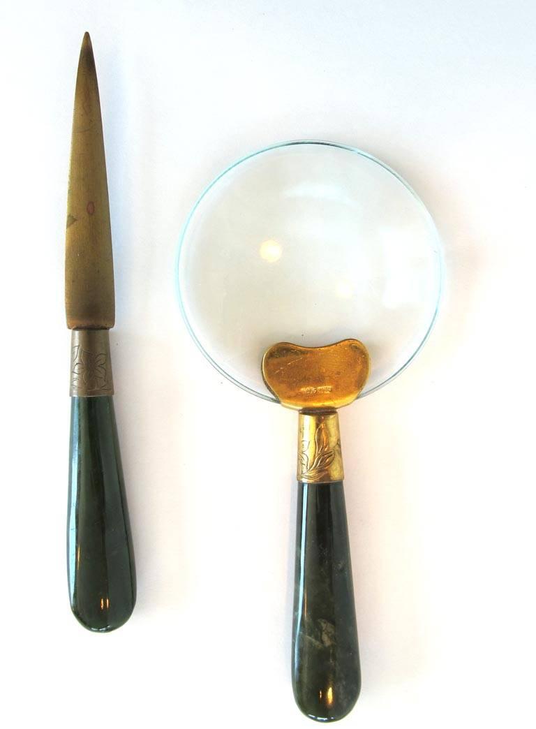 Set of jade handled letter opener and magnifying glass. Chinese circa 1900 made in Hong Kong for Gumps of San Francisco. Comes in original silk fitted case in color gold. It was sold to a Grande Dame of S.F. in 1965. Gumps was first established in