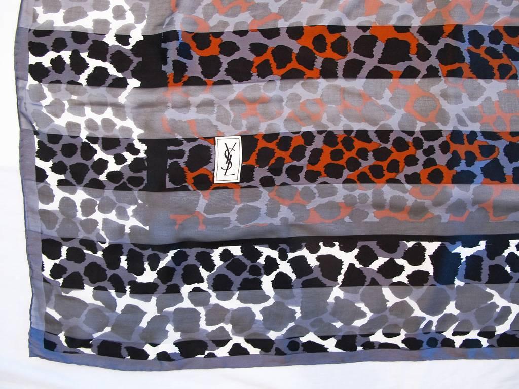 Gray 1980's Yves Saint Laurent Leopard Print Silk Scarf/Wrap For Sale