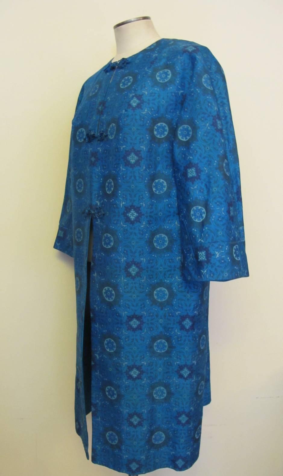 1960's Turquoise Blue Shantung Reversible Coat For Sale 2