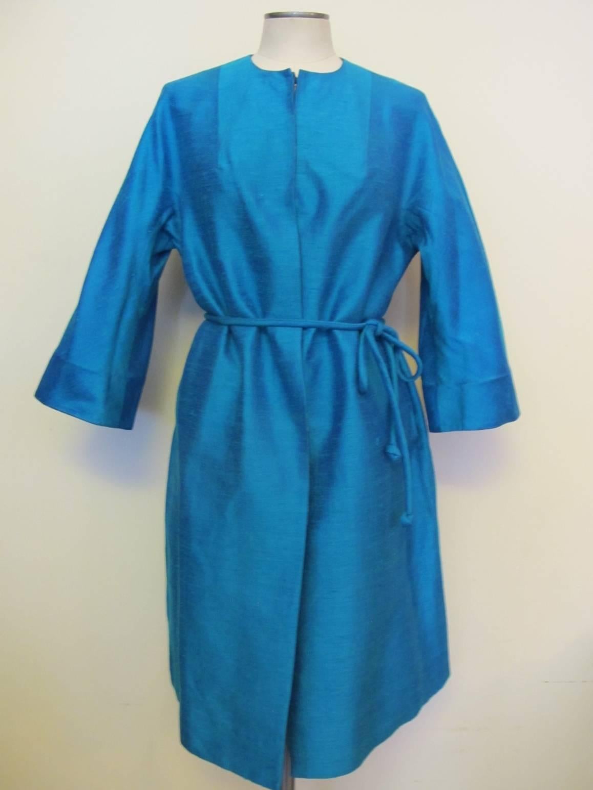 1960's Turquoise Blue Shantung Reversible Coat For Sale 4