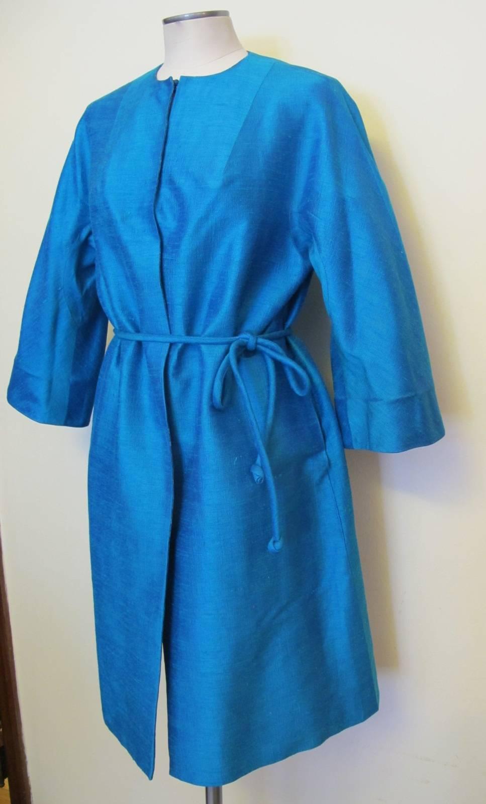 1960's Turquoise Blue Shantung Reversible Coat For Sale 5