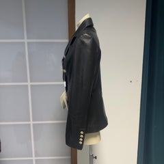 Italian Black Leather Double-Breasted Blazer with Gold Crest Buttons