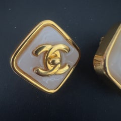 Chanel 1997 Gold-Tone White CC Square Clip-On Earrings
