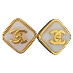 Chanel 1997 Gold-Tone White CC Square Clip-On Earrings
